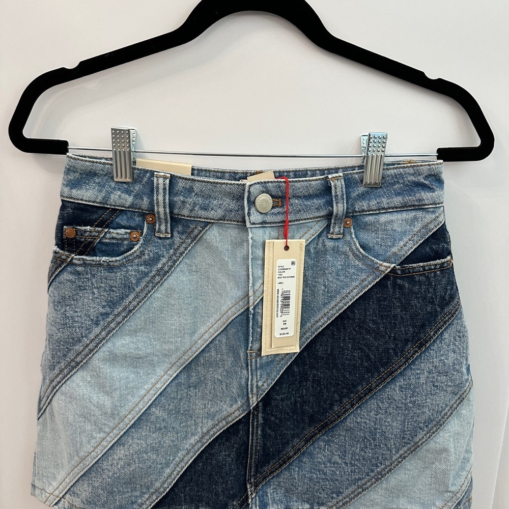 Alice + Olivia Indigo Twirl Patchwork denim skirt